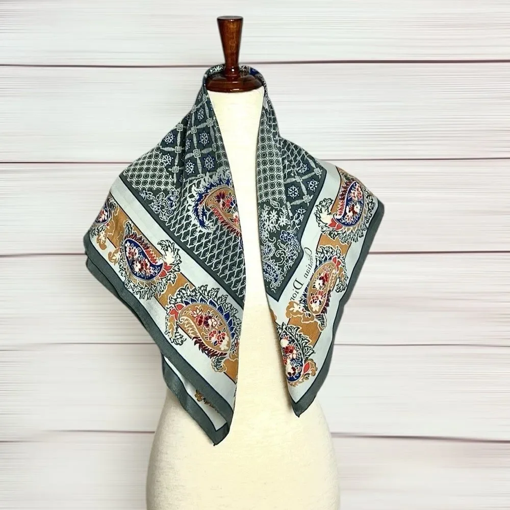 Christian Dior Silk Square Scarf Gray Paisley Hand Rolled Vintage 29x29”